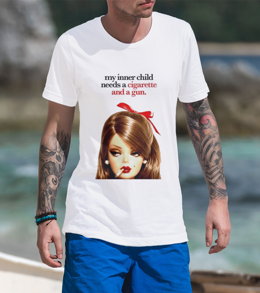 My Inner Child Needs A Cigarette And A Gun Doll Face Red Bow T-Shirt