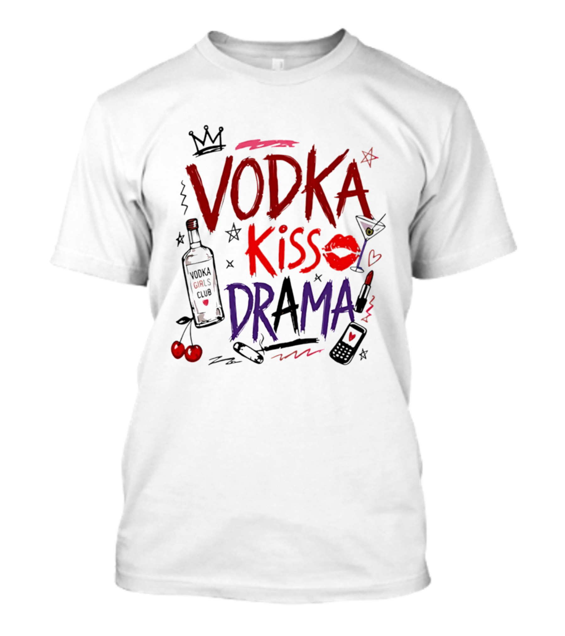 Vodka Kiss Drama Vodka Girls Club Lipstick Martini Cherries T-Shirt