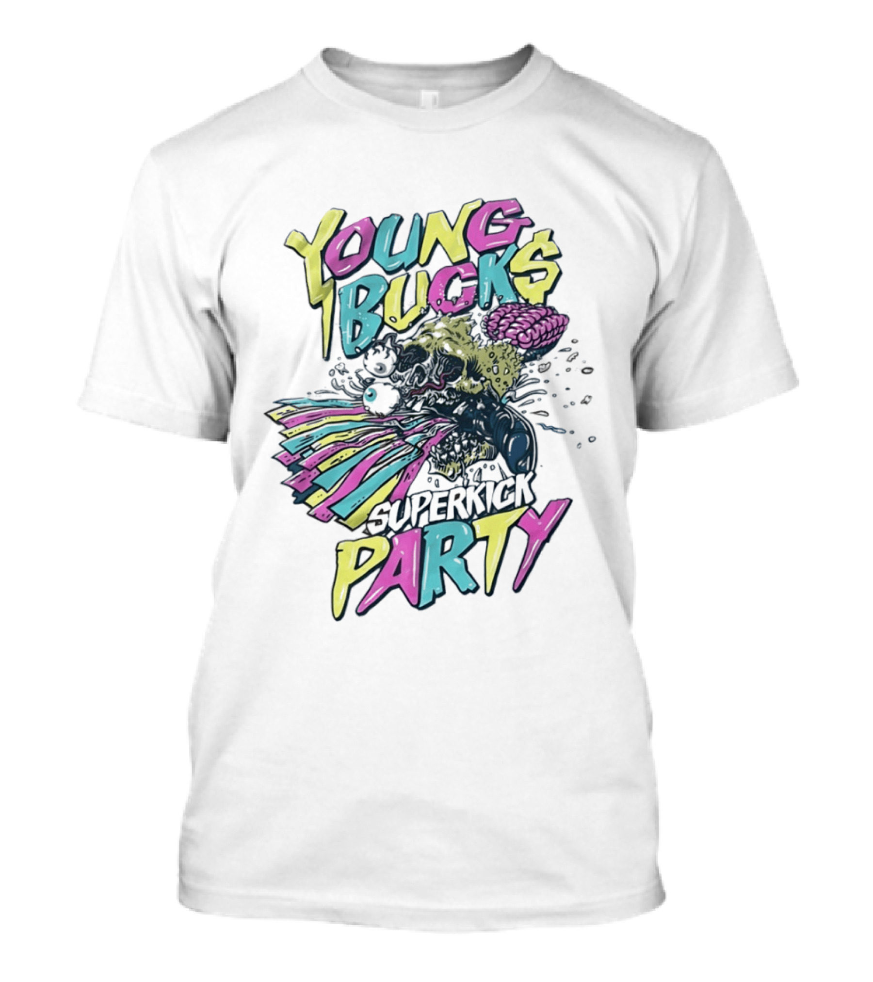 Young Bucks Superkick Party Skull Brain Eyeballs Colorful Explosion T-Shirt