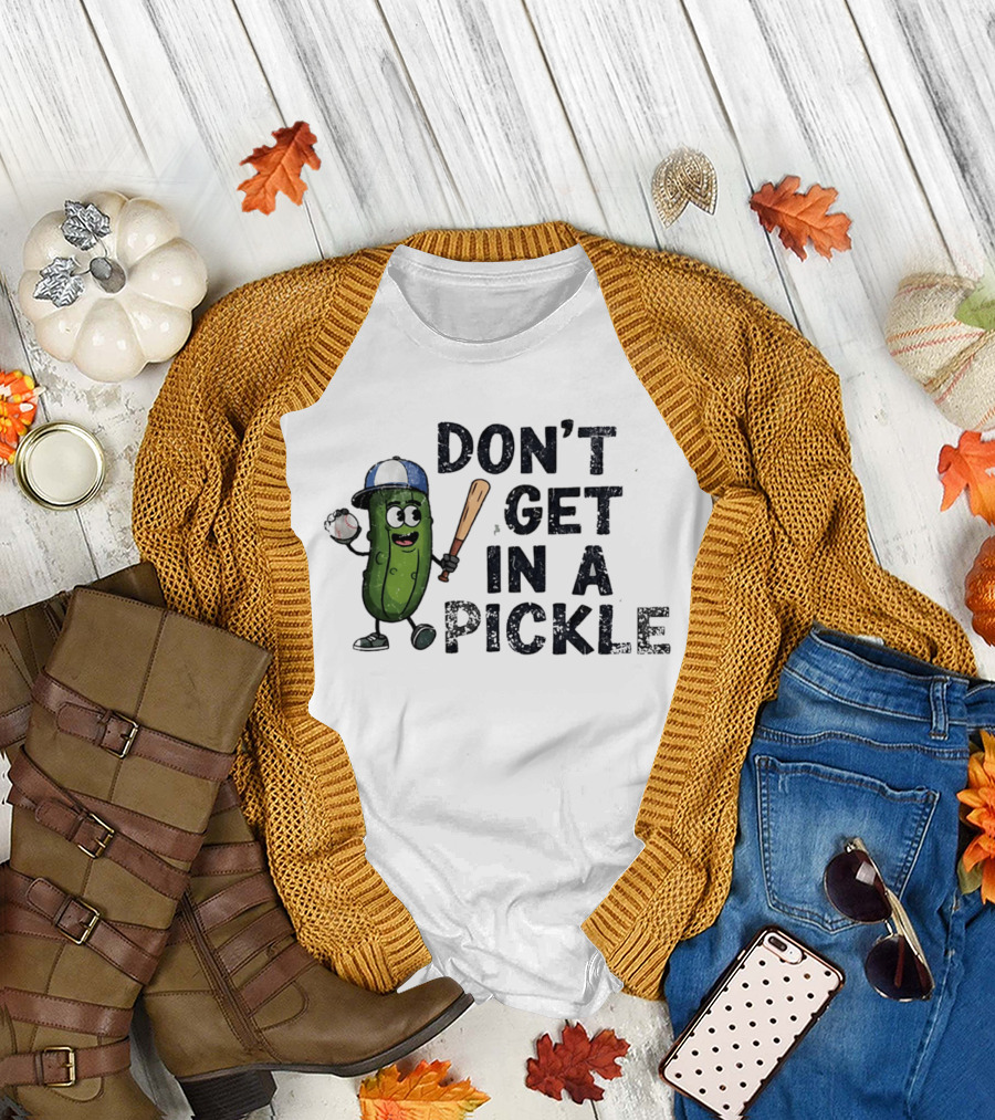 Don't Get in a Pickle Baseball Pun with Pickle Character Holding Bat and Ball T-Shirt