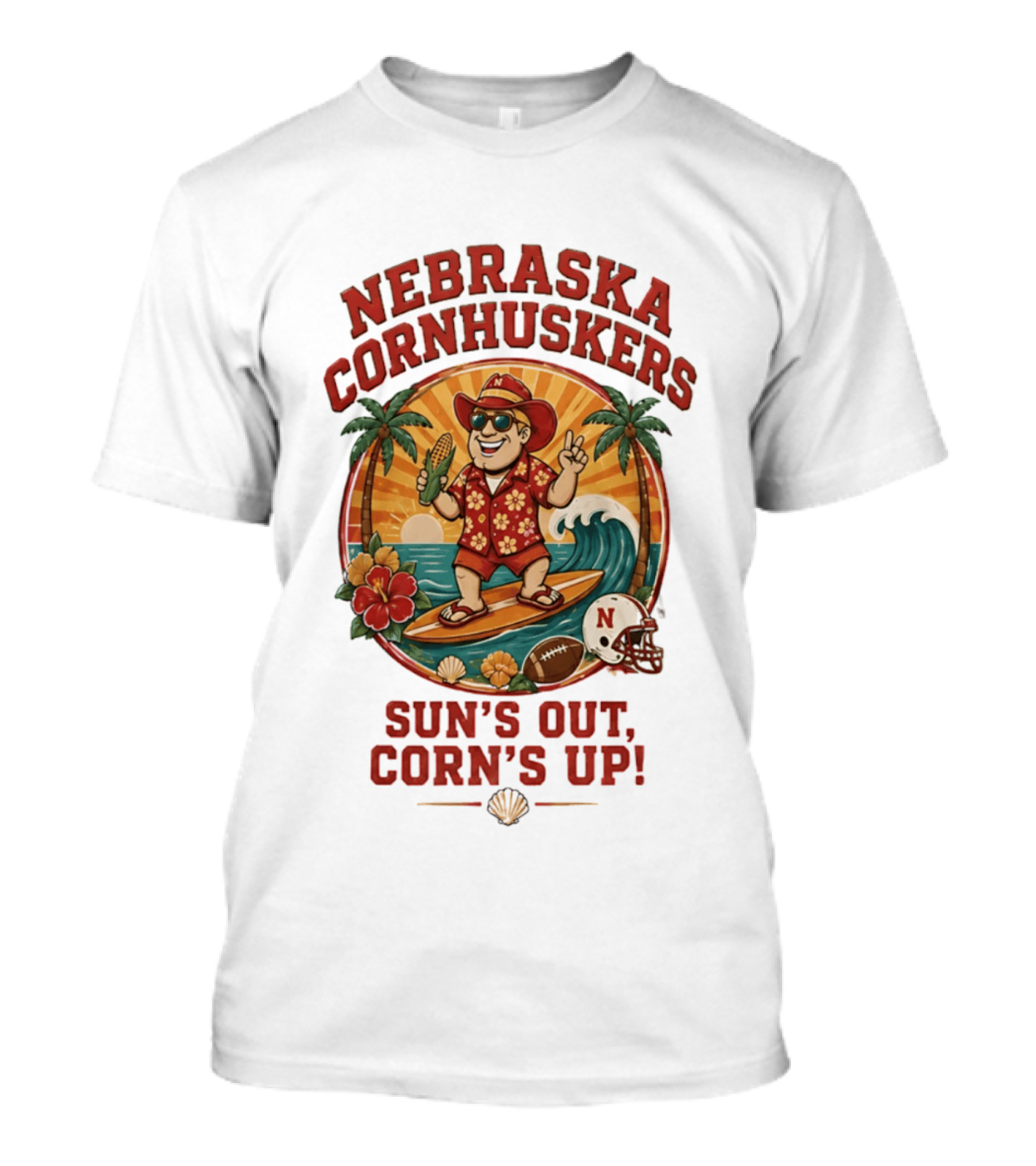 Nebraska Cornhuskers Sun's Out Corn's Up Tropical Surfing Football Fun T-Shirt