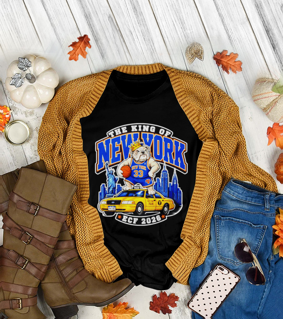 New York Knicks The King of New York ECF 2026 Bulldog Statue of Liberty Skyline Taxi T-Shirt