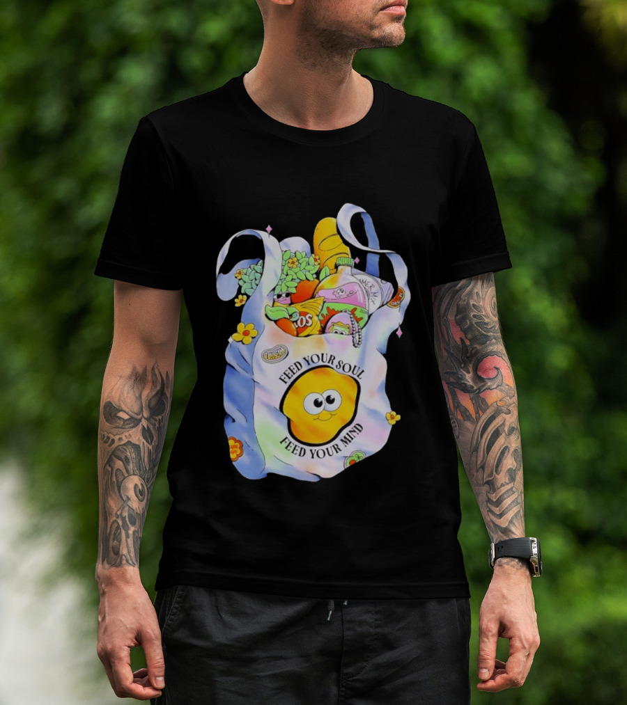 Feed Your Soul Feed Your Mind Bag With Groceries And Cartoon Face T-Shirt