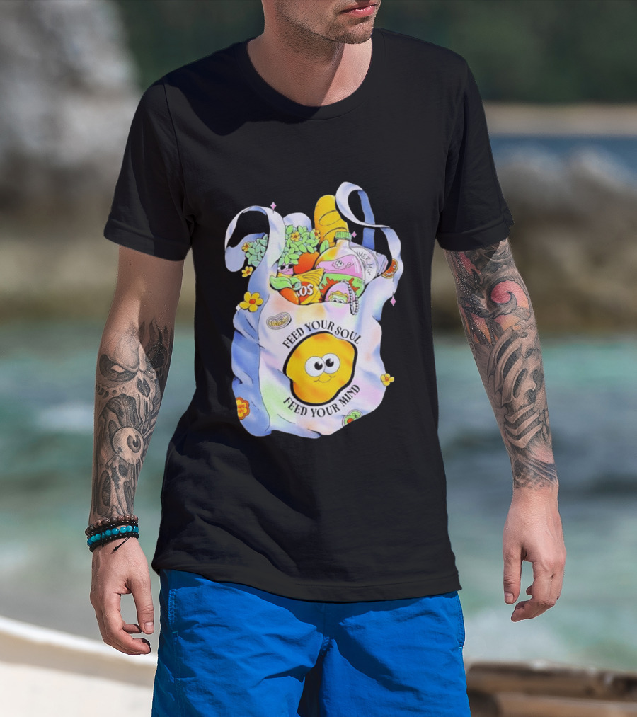 Feed Your Soul Feed Your Mind Bag With Groceries And Cartoon Face T-Shirt