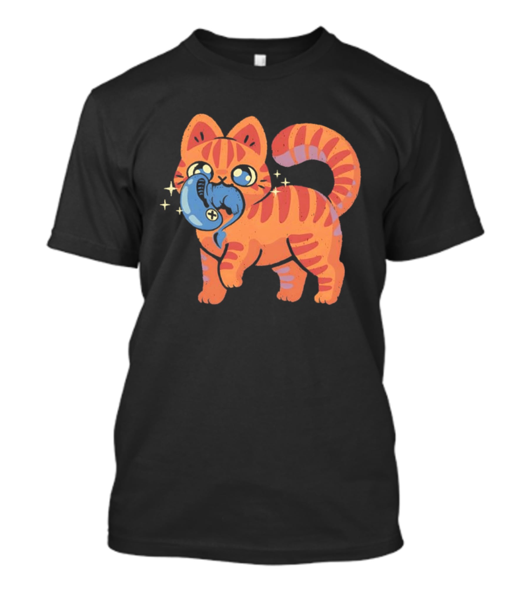 Orange Tabby Cat With Sparkles And Blue Alien Creature T-Shirt