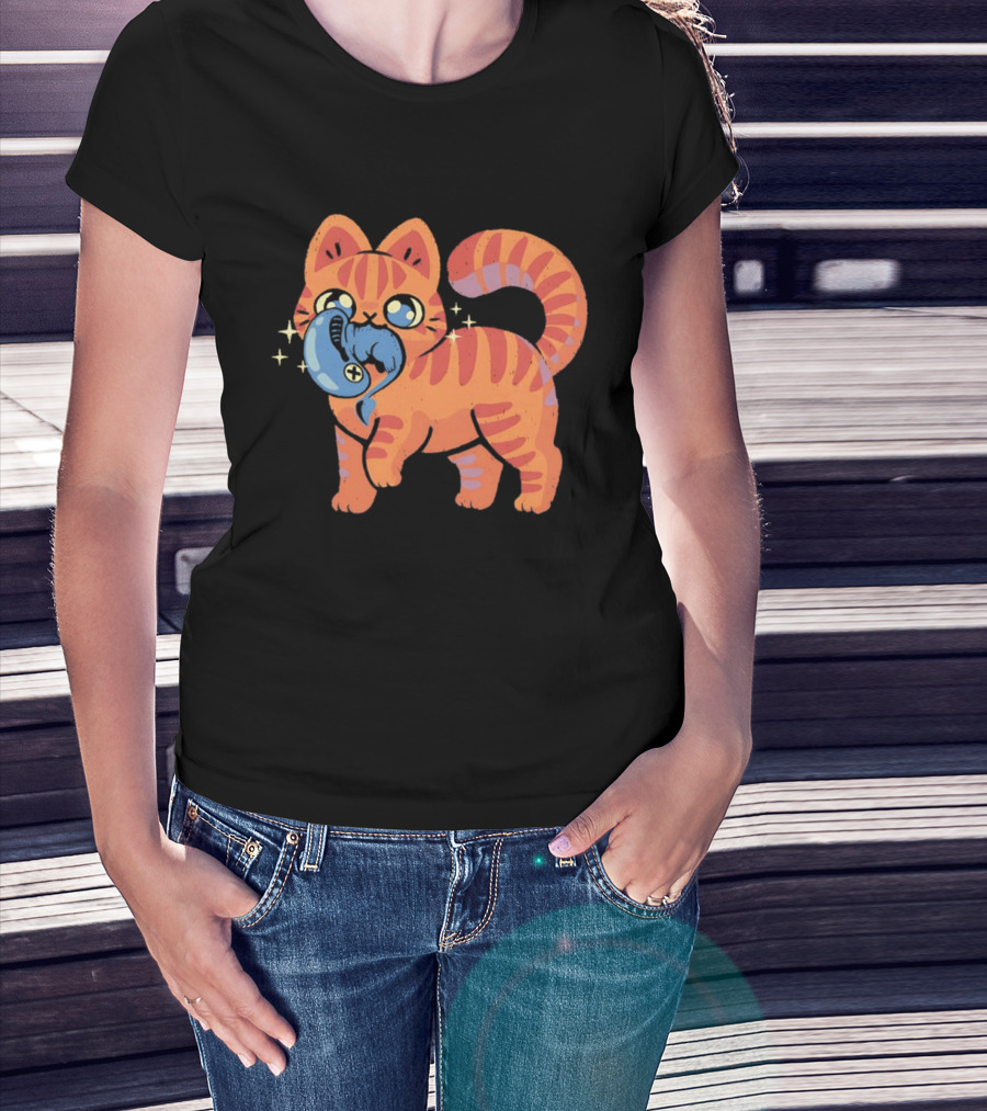 Orange Tabby Cat With Sparkles And Blue Alien Creature T-Shirt