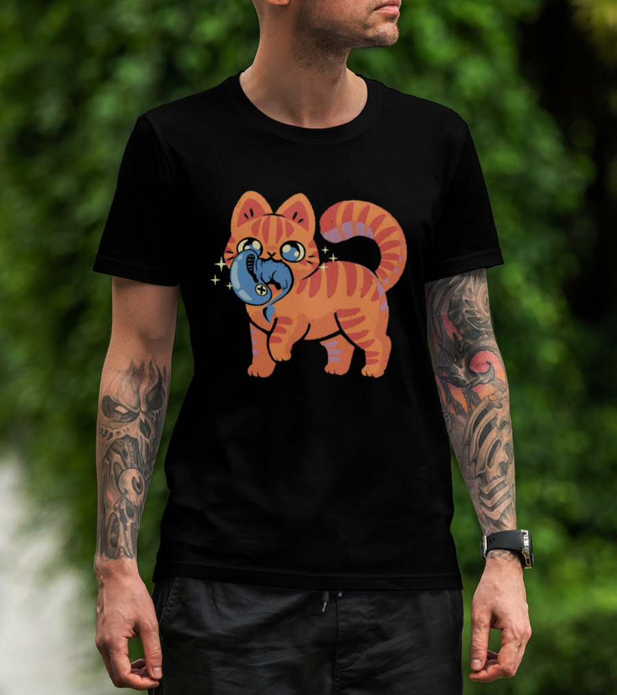 Orange Tabby Cat With Sparkles And Blue Alien Creature T-Shirt