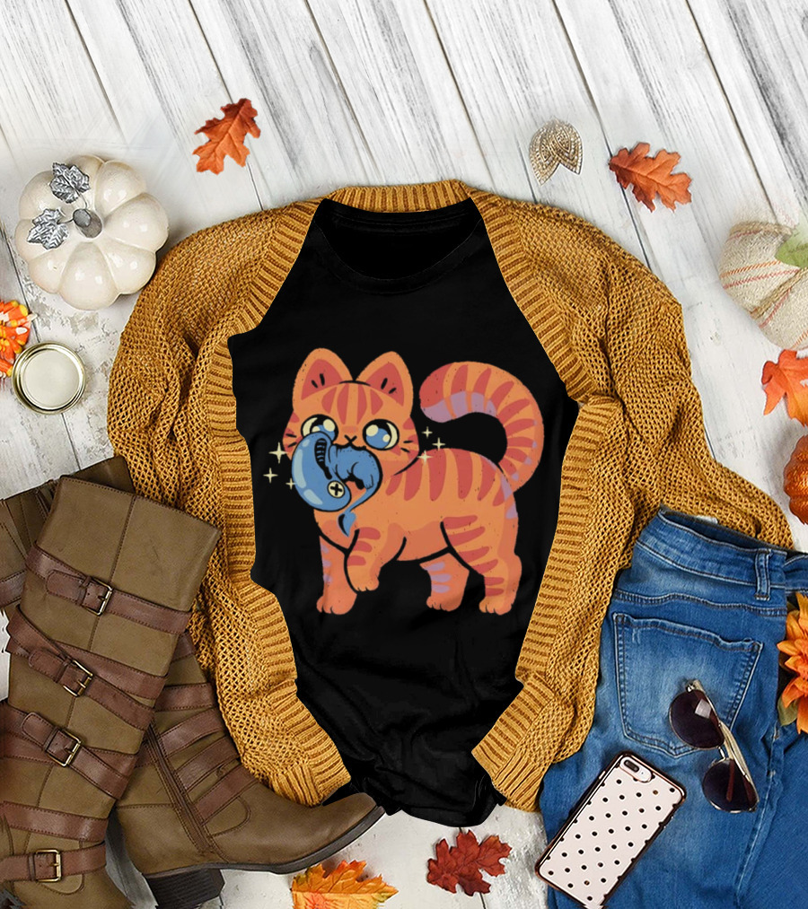 Orange Tabby Cat with Sparkles and Blue Alien Creature T-Shirt