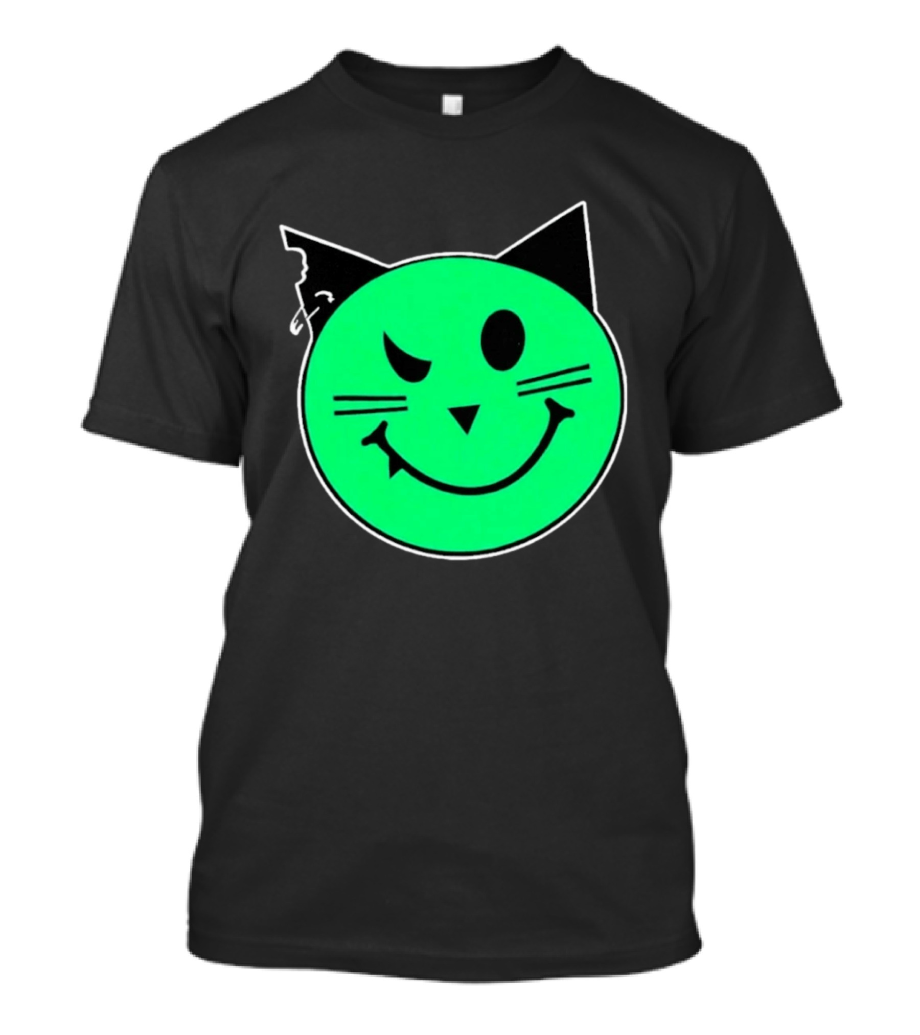 Taliesin Wearing MeowMeowz Smiling Cat Face With Green Circle Black Ears Whiskers T-Shirt
