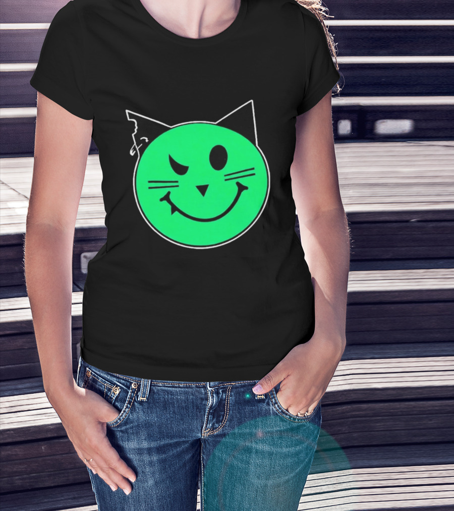 Taliesin Wearing MeowMeowz Smiling Cat Face With Green Circle Black Ears Whiskers T-Shirt
