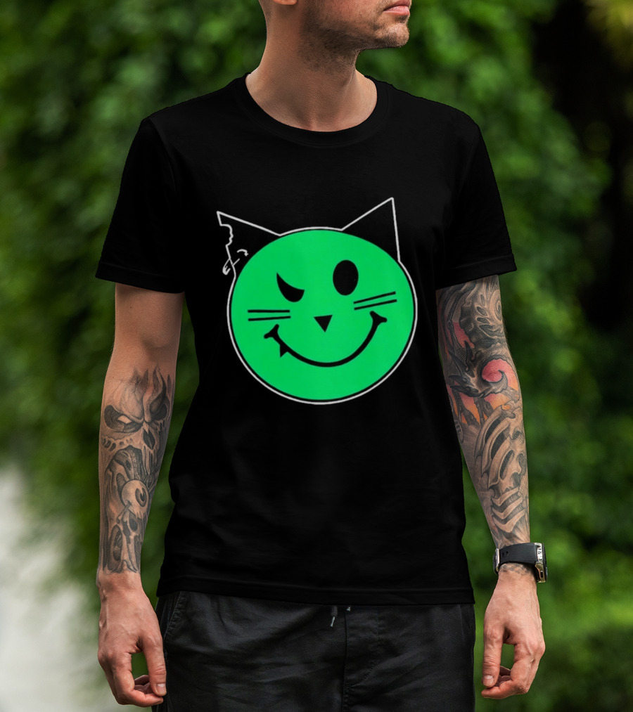 Taliesin Wearing MeowMeowz Smiling Cat Face With Green Circle Black Ears Whiskers T-Shirt