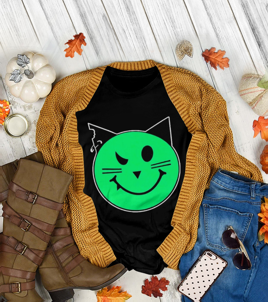 Taliesin Wearing MeowMeowz Smiling Cat Face with Green Circle Black Ears Whiskers T-Shirt