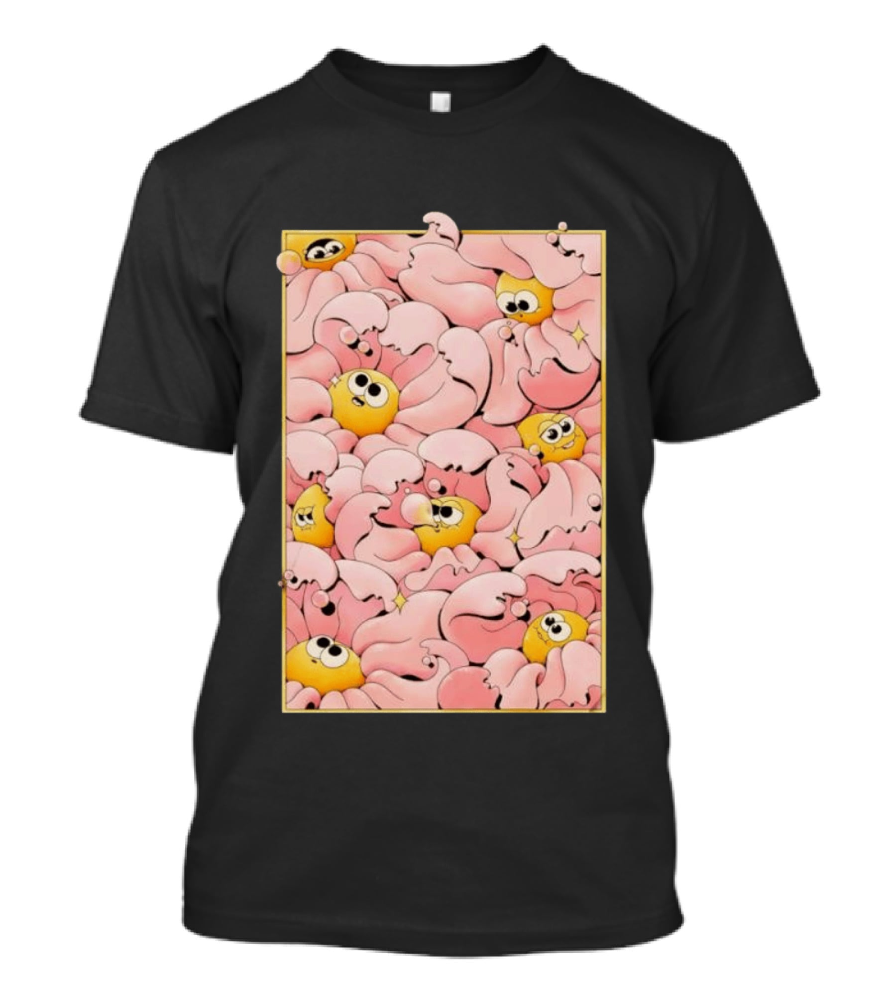 Many Yellow Round Characters With Large Eyes In Pink Flowing Cascades T-Shirt