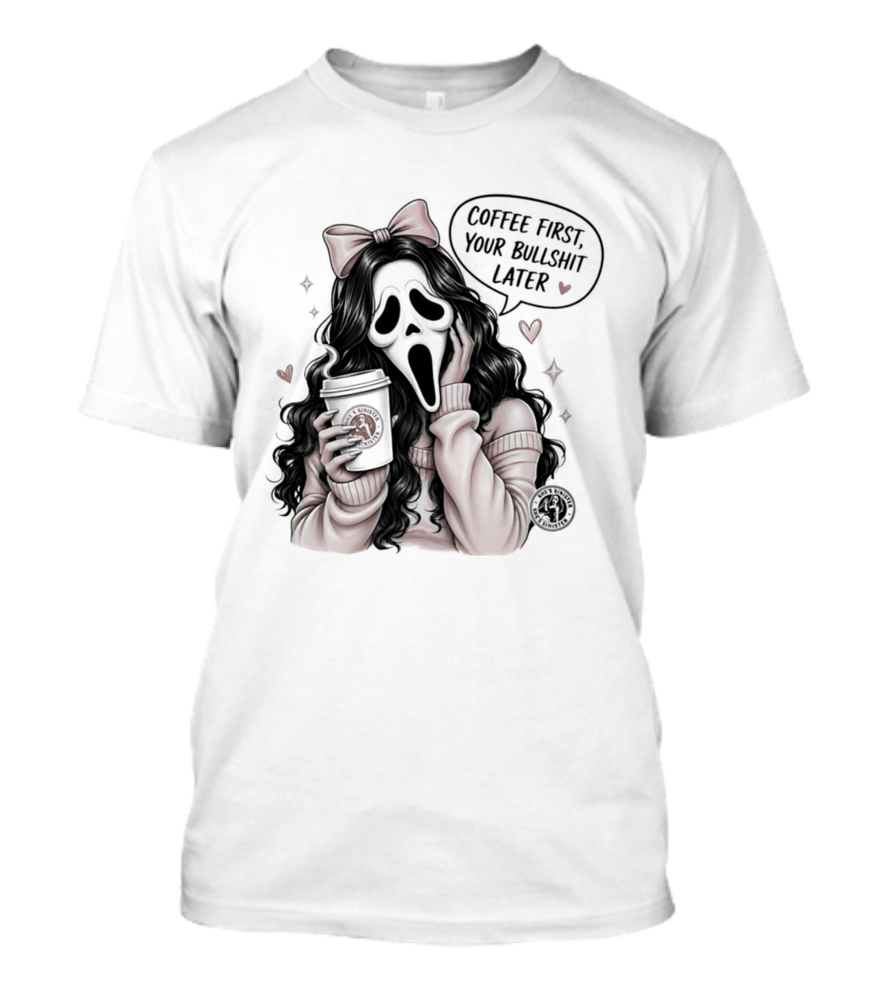 Ghostface Scream Coffee First Your Bullshit Later Horror Movie Bow Hearts T-Shirt