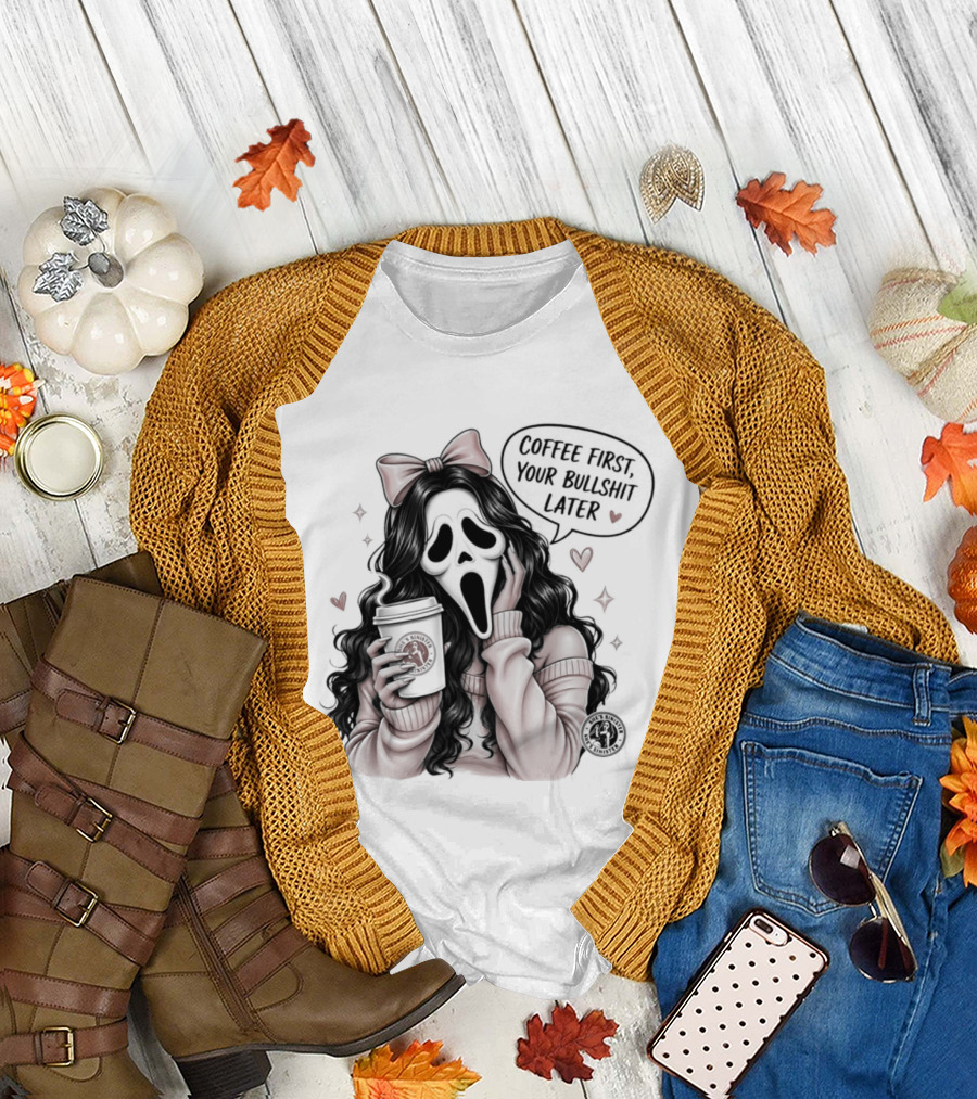 Ghostface Scream Coffee First Your Bullshit Later Horror Movie Bow Hearts T-Shirt