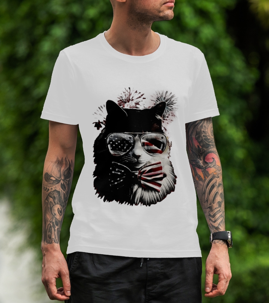 American Flag Cat Sunglasses And Bowtie Fireworks Independence Day T-Shirt