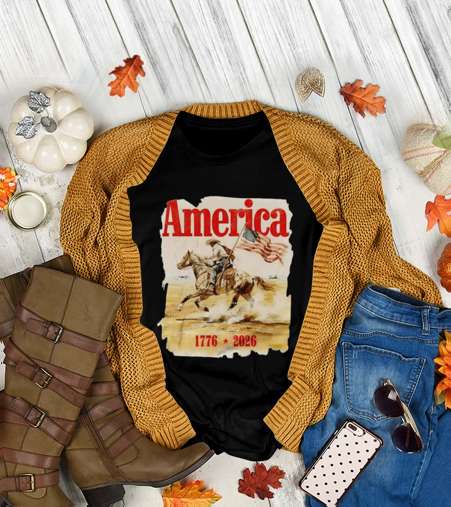 America 1776 2026 Cowboy Horse American Flag Iconic Historical T-Shirt