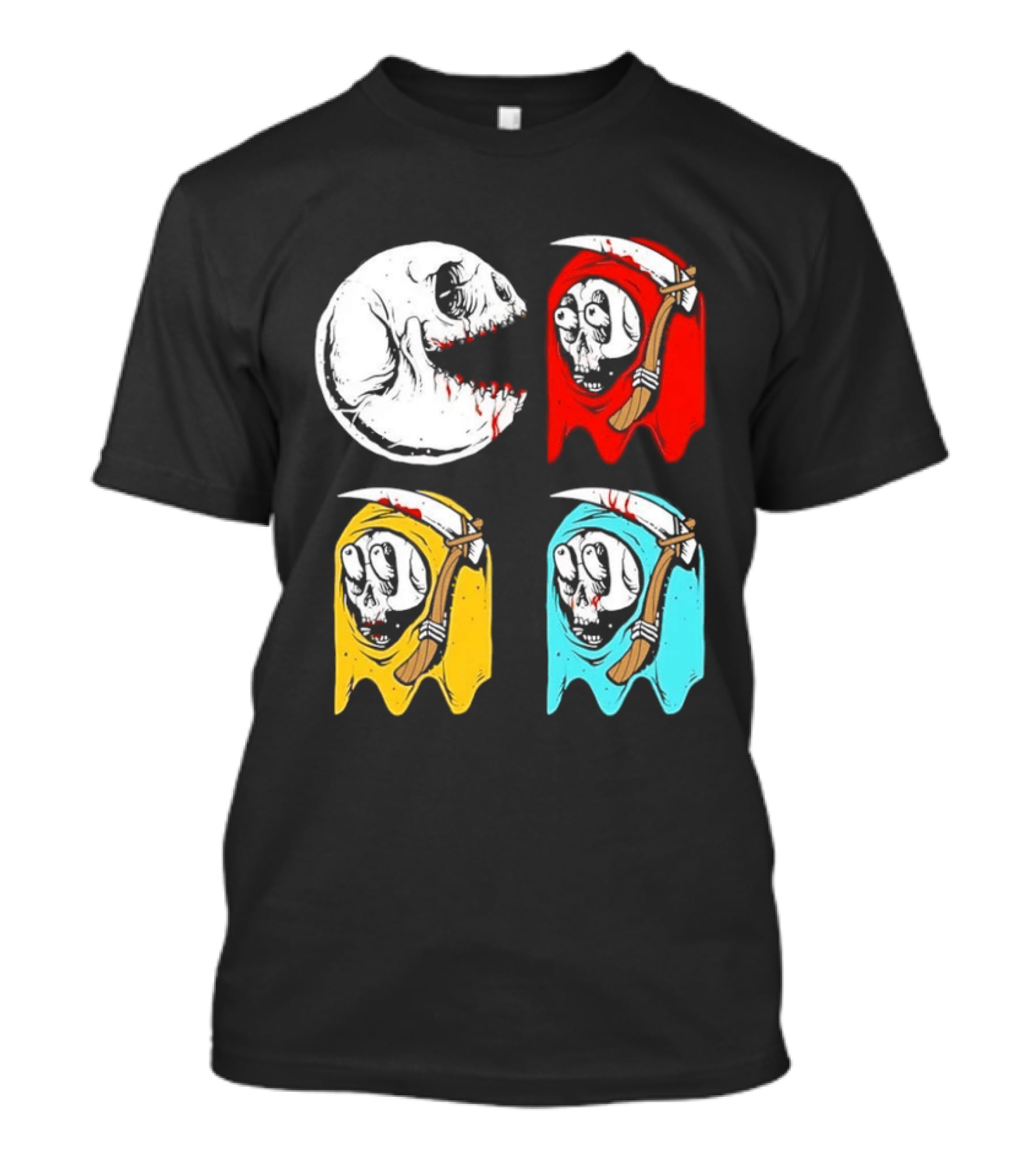 Pac Man Skeleton Skull Ghost Grim Reaper Red Yellow Blue T-Shirt