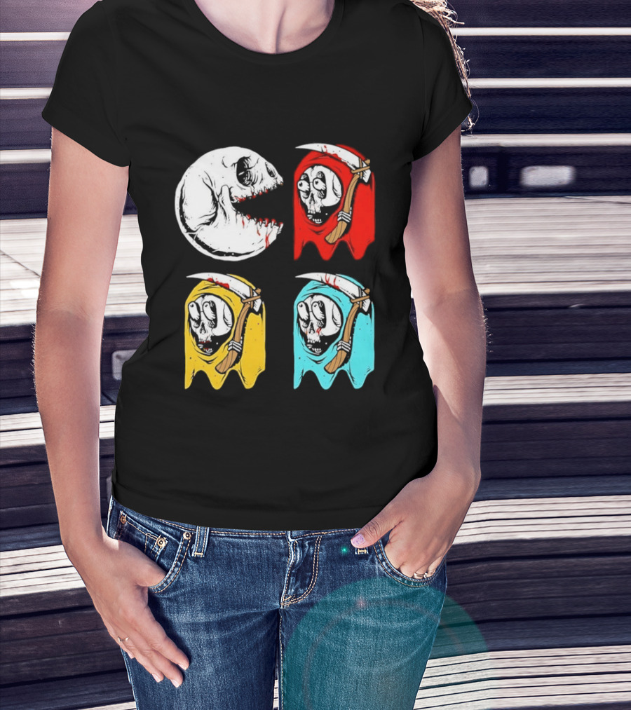 Pac Man Skeleton Skull Ghost Grim Reaper Red Yellow Blue T-Shirt
