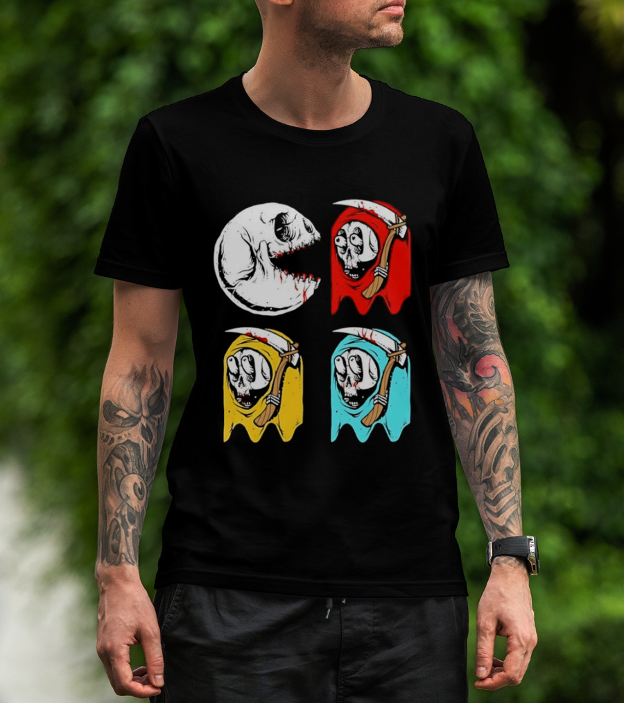 Pac Man Skeleton Skull Ghost Grim Reaper Red Yellow Blue T-Shirt