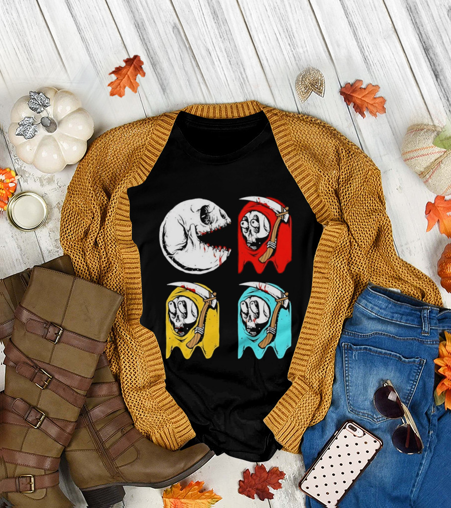 Pac Man Skeleton Skull Ghost Grim Reaper Red Yellow Blue T-Shirt