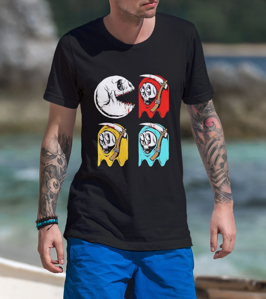 Pac Man Skeleton Skull Ghost Grim Reaper Red Yellow Blue T-Shirt