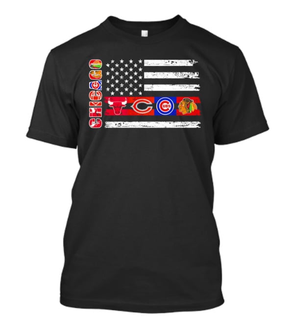 Chicago Bulls Bears Cubs Blackhawks American Flag T-Shirt