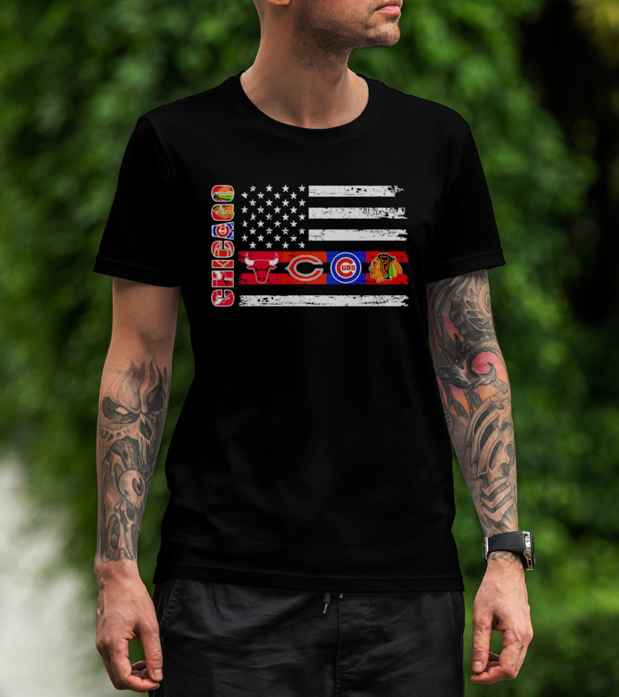 Chicago Bulls Bears Cubs Blackhawks American Flag T-Shirt