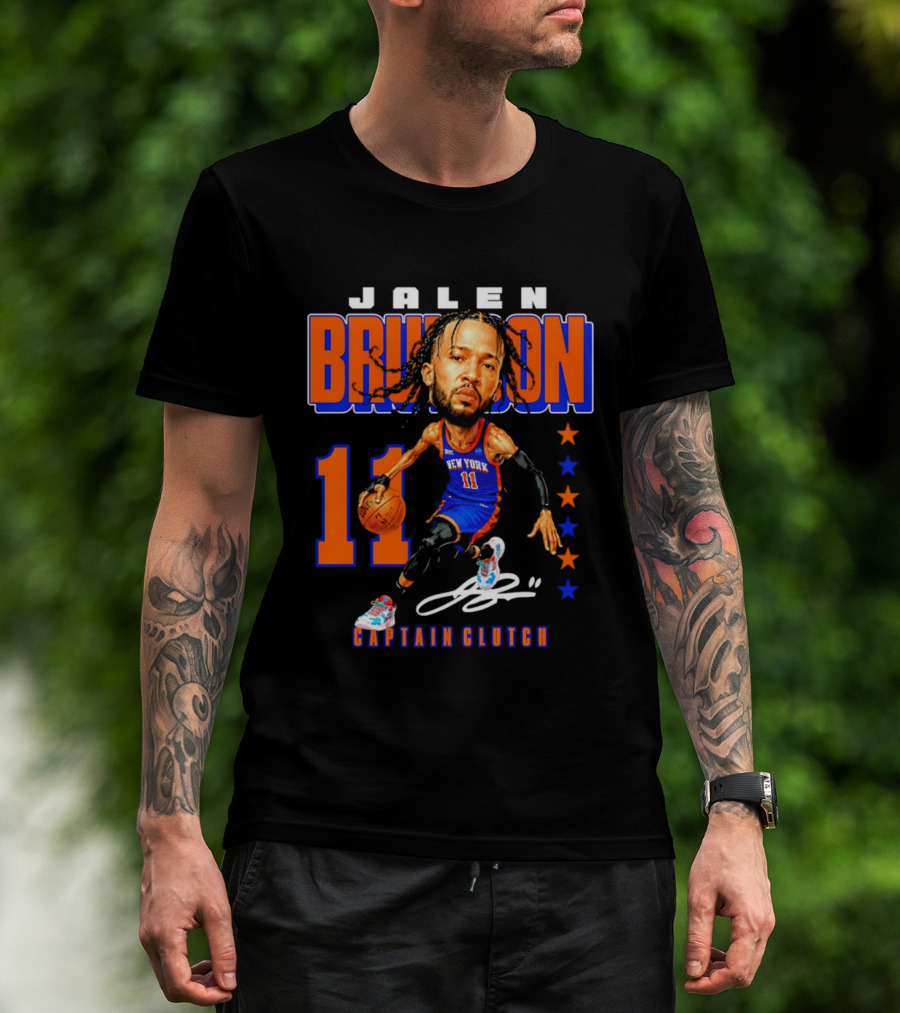 Jalen Brunson New York 11 Captain Clutch Caricature T-Shirt
