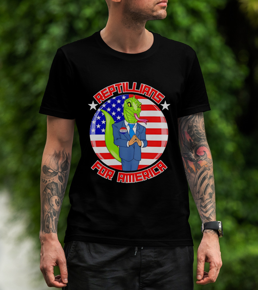 Reptillians For America Vote Lizard In Suit With American Flag T-Shirt