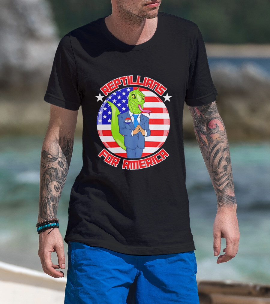 Reptillians For America Vote Lizard In Suit With American Flag T-Shirt