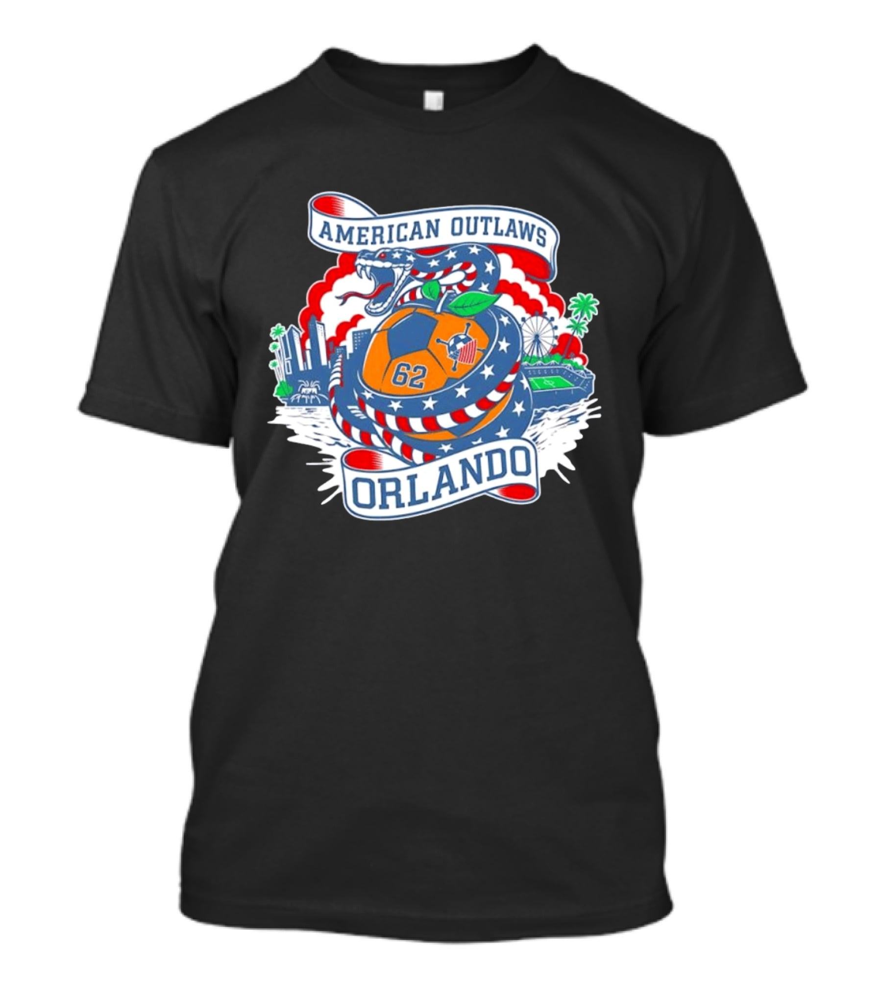 American Outlaws Orlando Snake Soccer Ball Skyline Ferris Wheel Stadium 62 T-Shirt