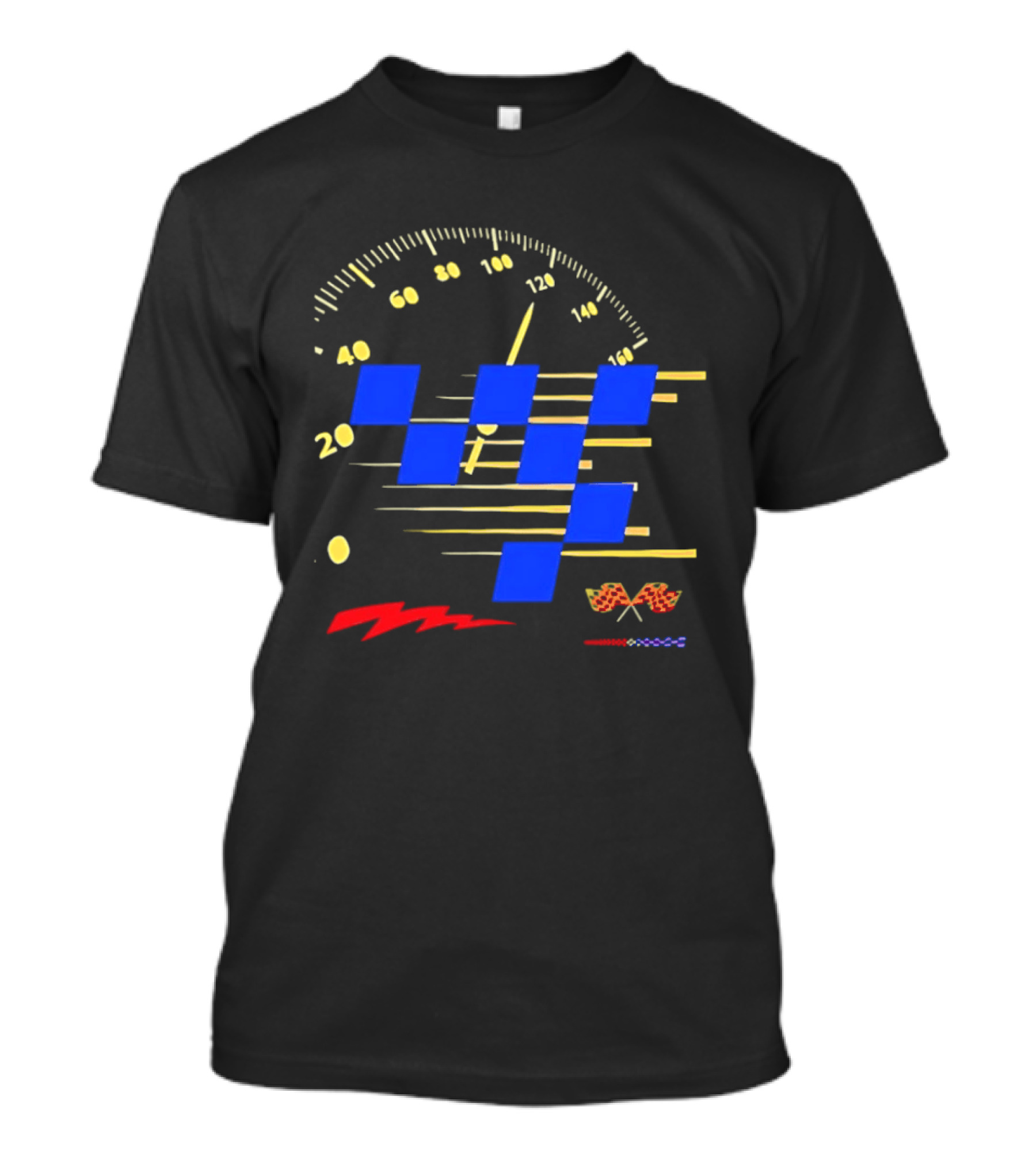 Automotive Racing Speedometer Blue Checkered Flags And Gold Accents T-Shirt