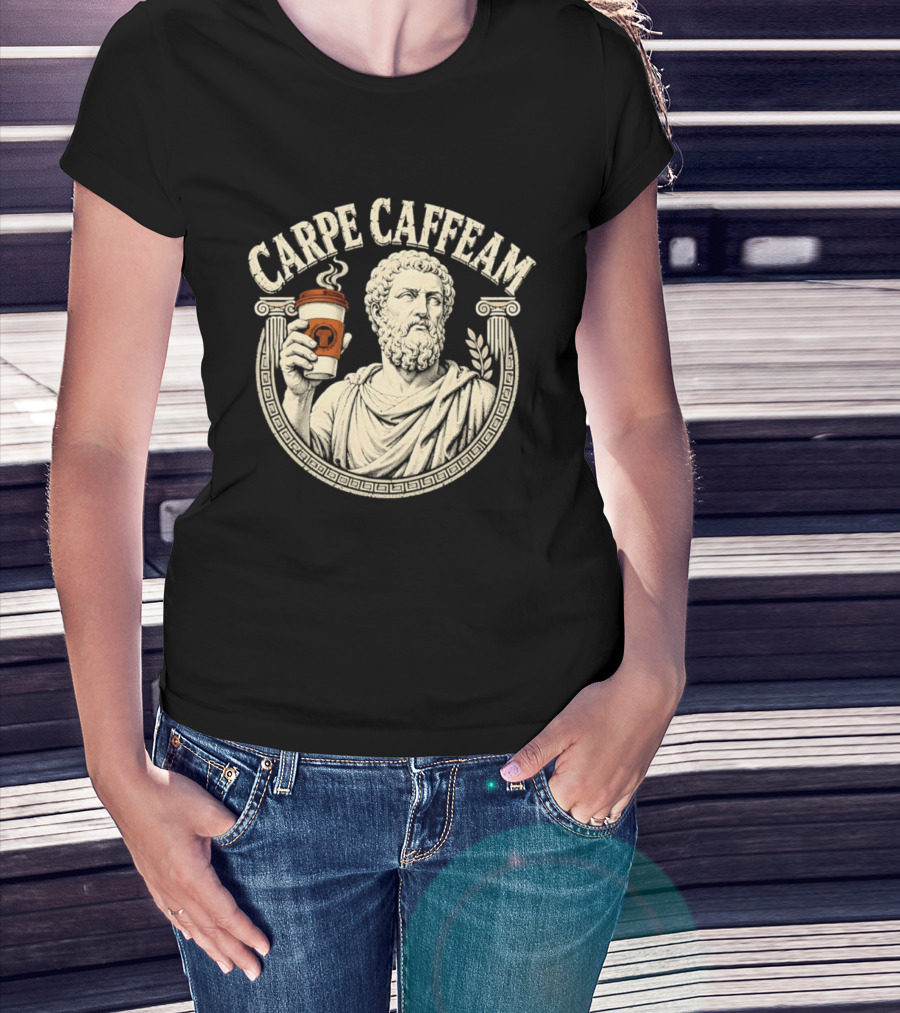 Carpe Caffeam Ancient Philosopher Coffee Cup Greek Column Statue T-Shirt