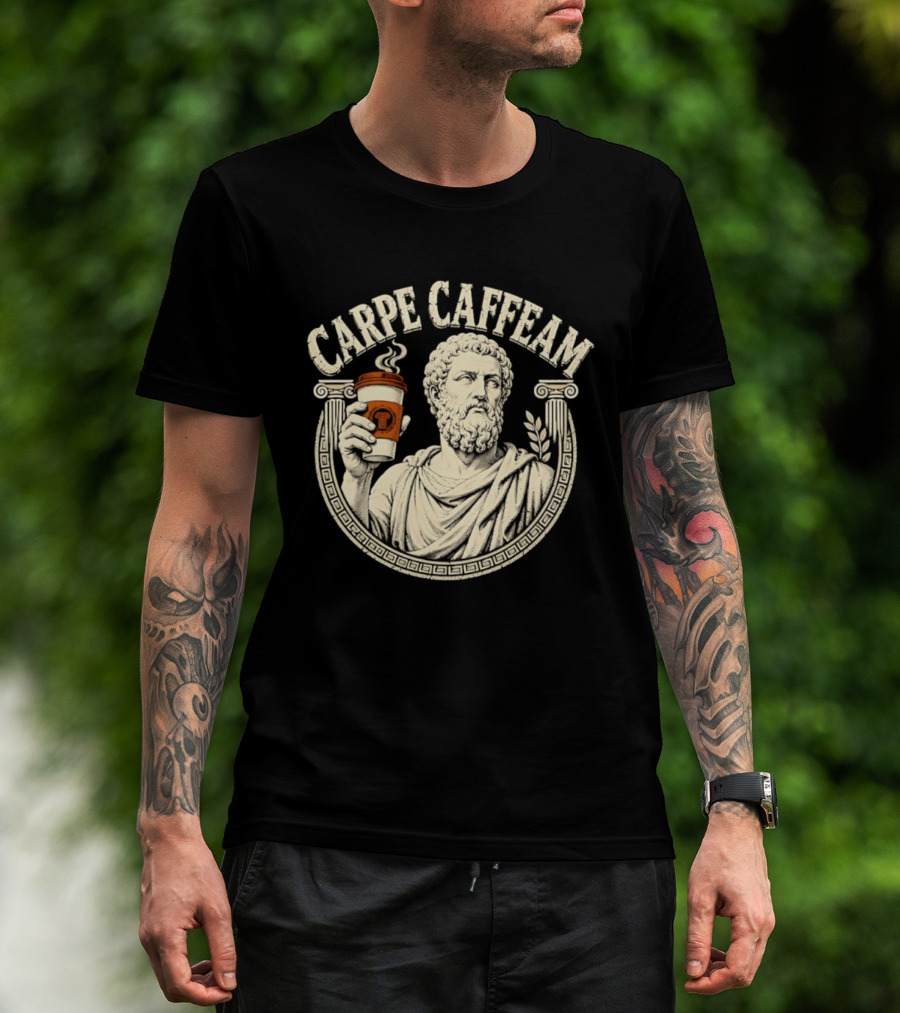 Carpe Caffeam Ancient Philosopher Coffee Cup Greek Column Statue T-Shirt