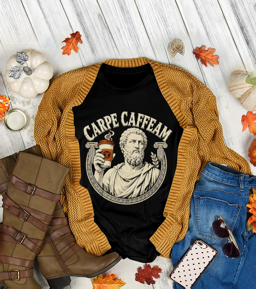 Carpe Caffeam Ancient Philosopher Coffee Cup Greek Column Statue T-Shirt