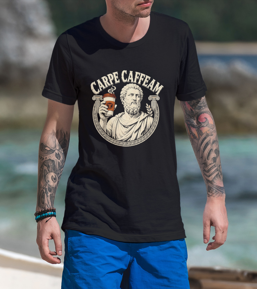 Carpe Caffeam Ancient Philosopher Coffee Cup Greek Column Statue T-Shirt