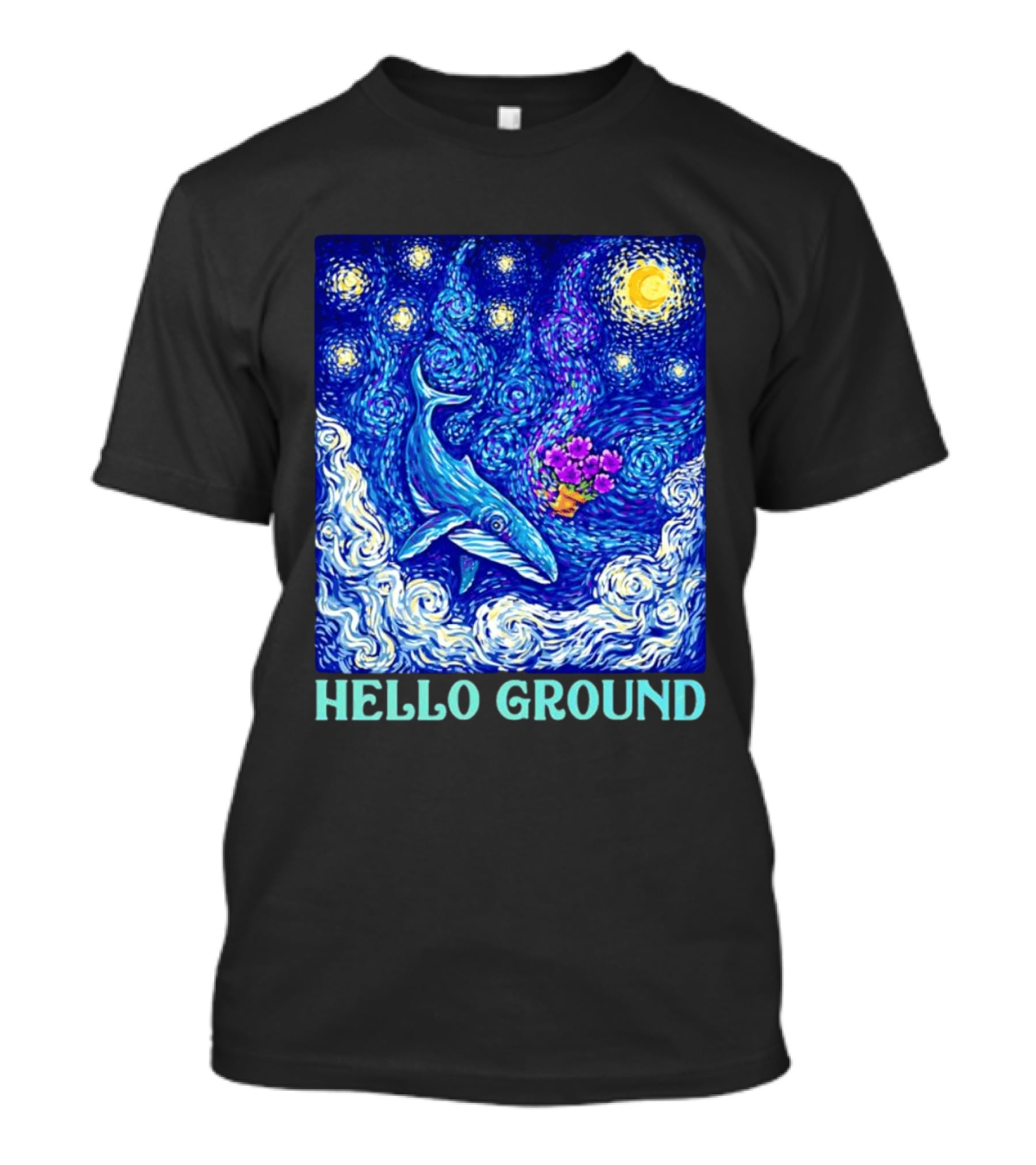 Hello Ground Whale Floating In Starry Night Van Gogh T-Shirt