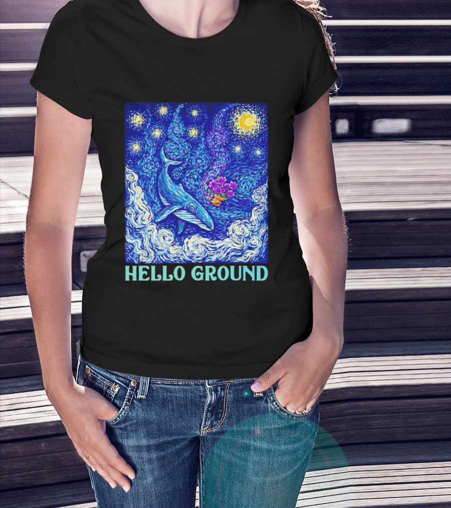 Hello Ground Whale Floating In Starry Night Van Gogh T-Shirt