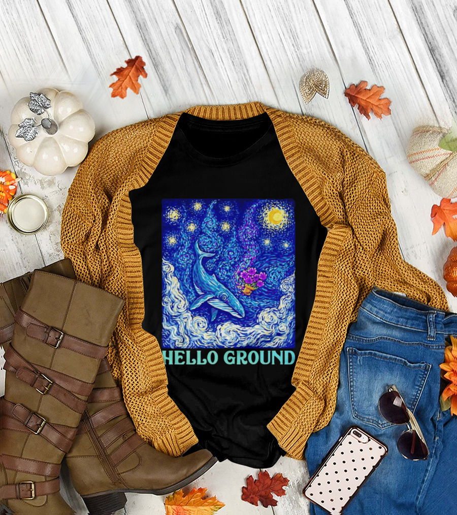 Hello Ground Whale Floating in Starry Night Van Gogh T-Shirt