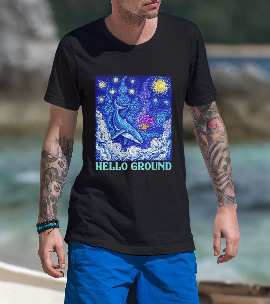 Hello Ground Whale Floating In Starry Night Van Gogh T-Shirt