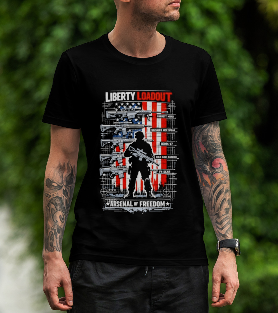 Liberty Loadout Arsenal Of Freedom USA Flag Soldier T-Shirt