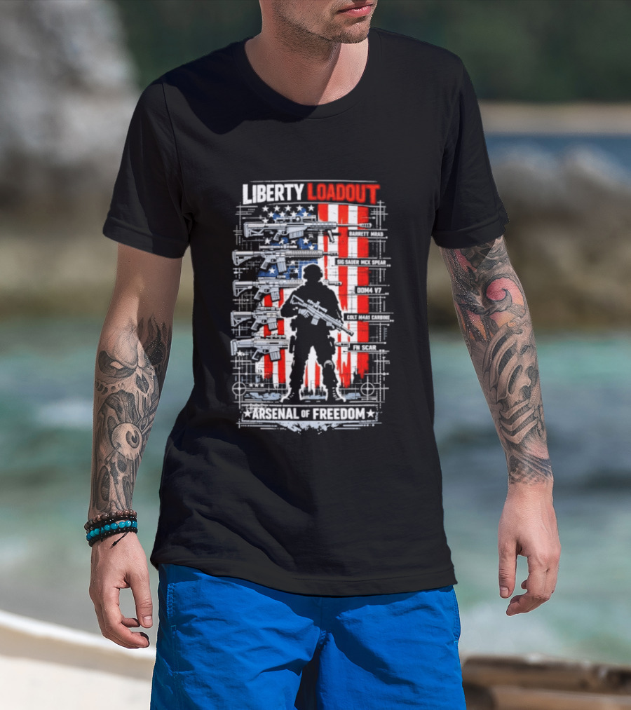 Liberty Loadout Arsenal Of Freedom USA Flag Soldier T-Shirt
