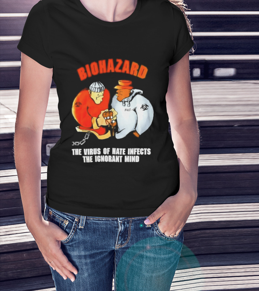 Biohazard The Virus Of Hate Infects The Ignorant Mind Orange And White Figures Confrontation T-Shirt