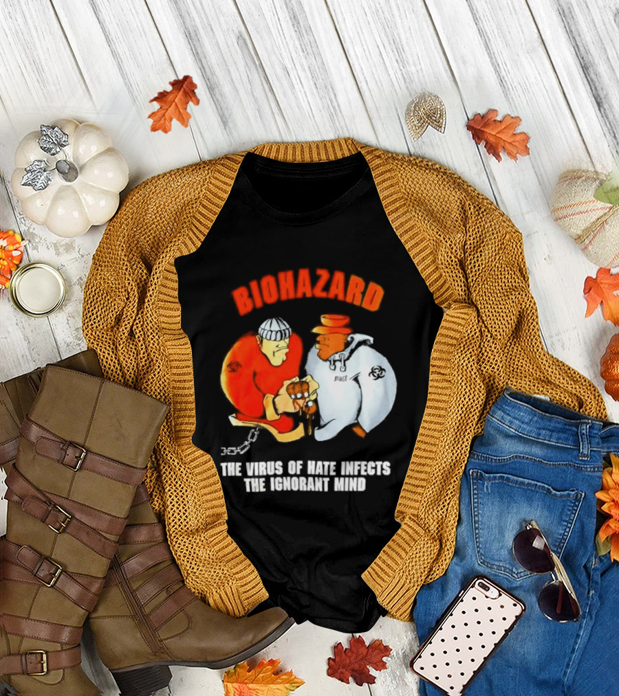 Biohazard the Virus of Hate Infects the Ignorant Mind Orange and White Figures Confrontation T-Shirt