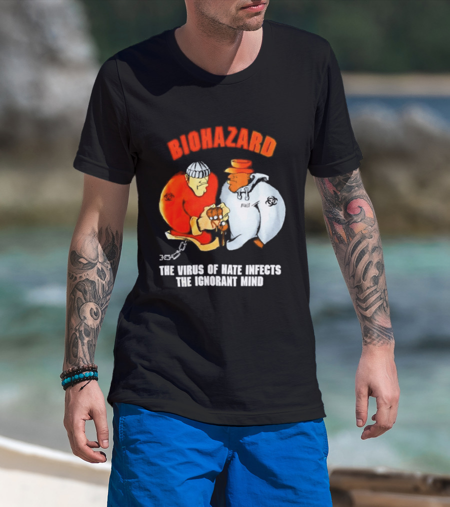 Biohazard The Virus Of Hate Infects The Ignorant Mind Orange And White Figures Confrontation T-Shirt
