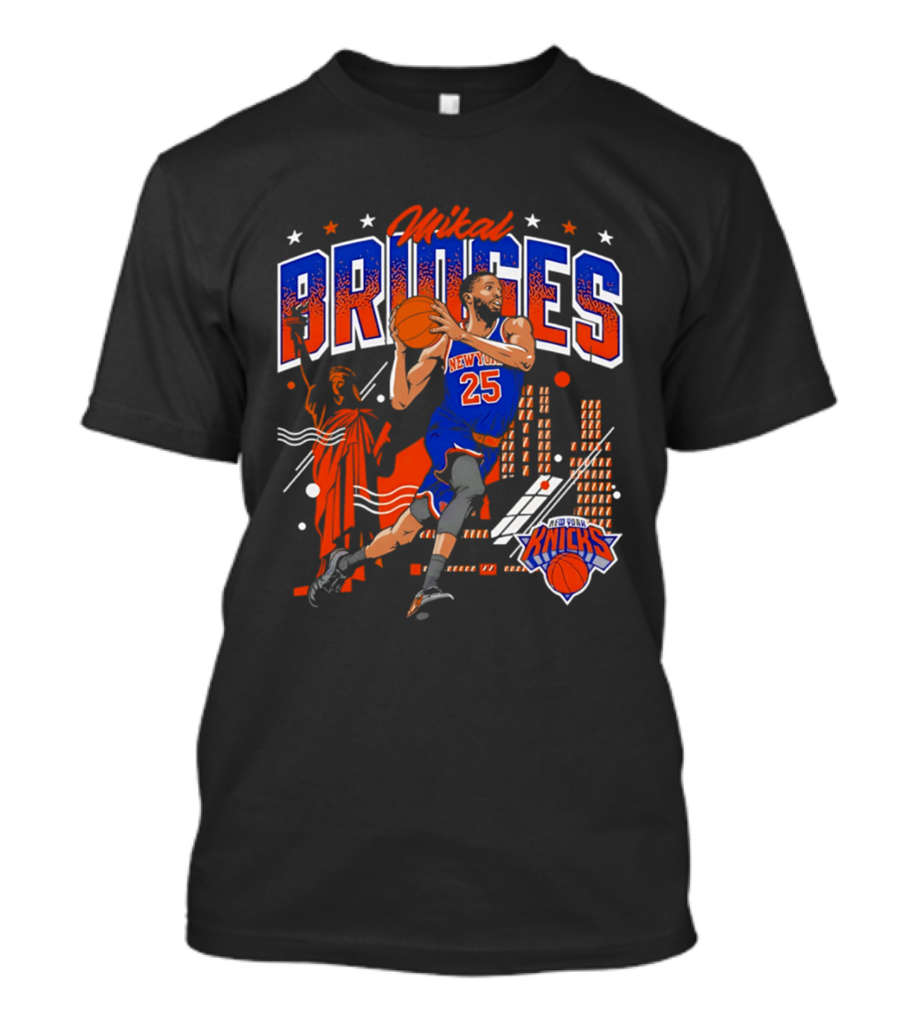New York Knicks Mikal Bridges Basketball Player 25 Statue Of Liberty Skyline T-Shirt