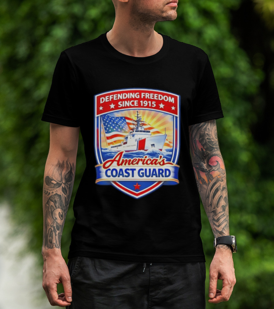 Defending Freedom Since 1915 America's Coast Guard US Flag Ship T-Shirt