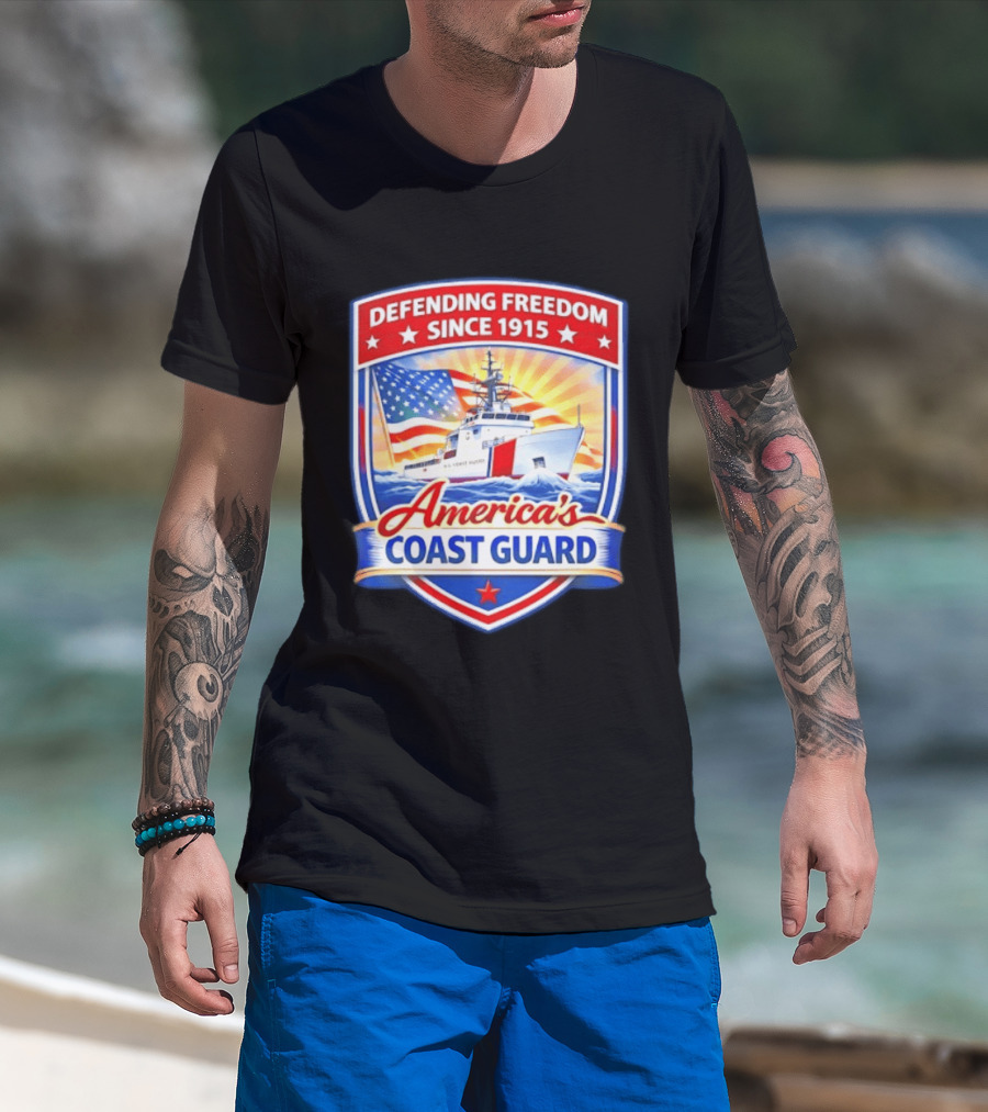 Defending Freedom Since 1915 America's Coast Guard US Flag Ship T-Shirt