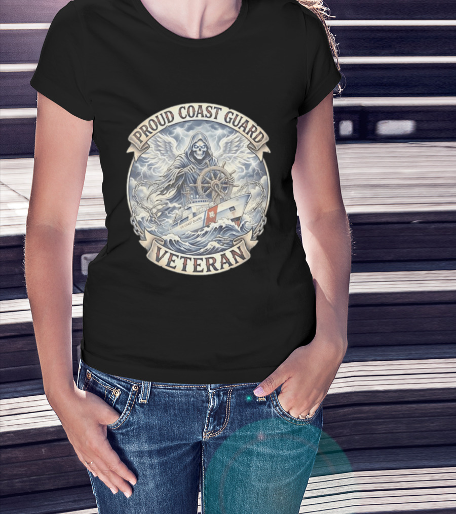 Proud Coast Guard Veteran Grim Reaper With Ship And Wheel T-Shirt